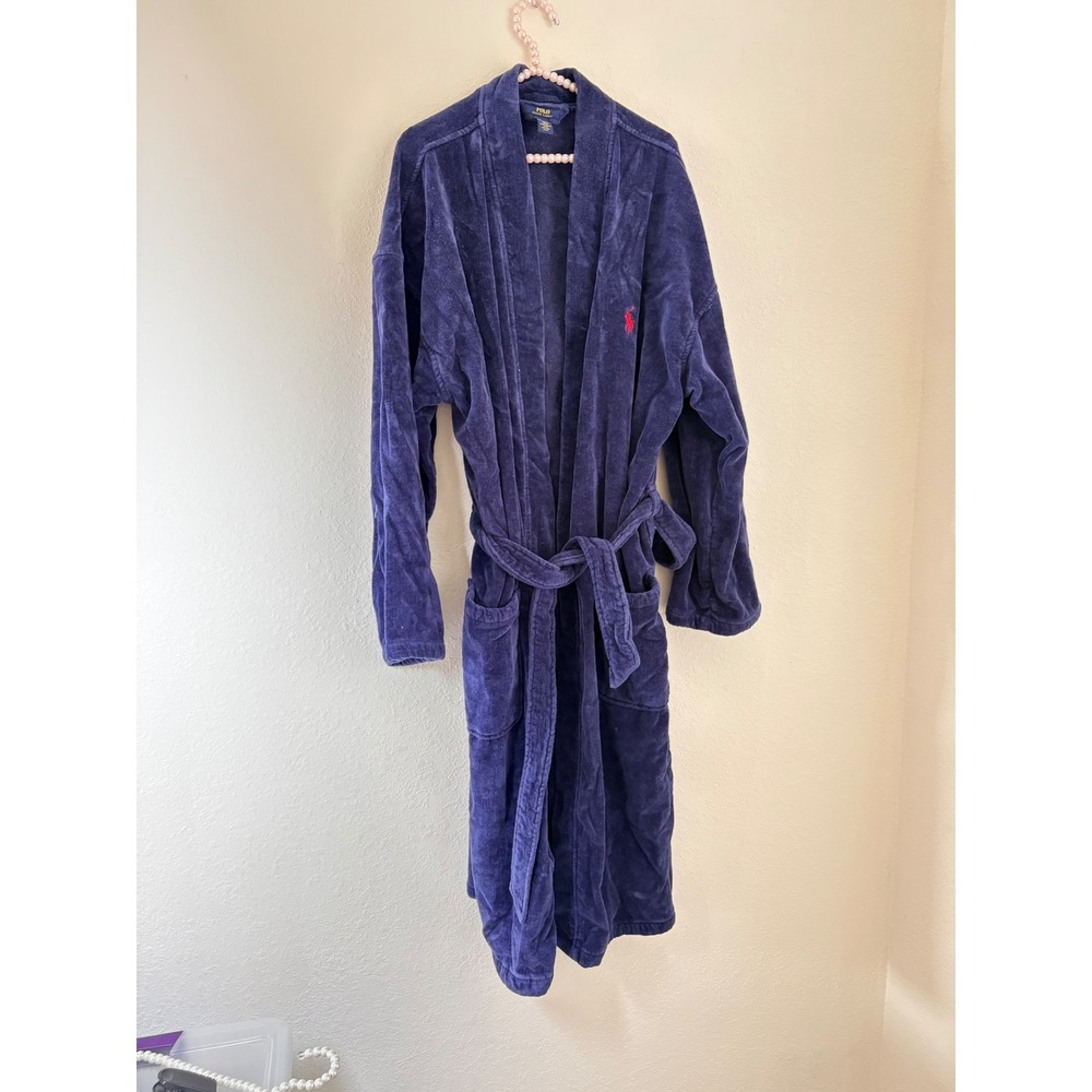 Polo Ralph Lauren Bathrobe L / XL Navy Blue Excellent Cotton Velour Shawl Collar
